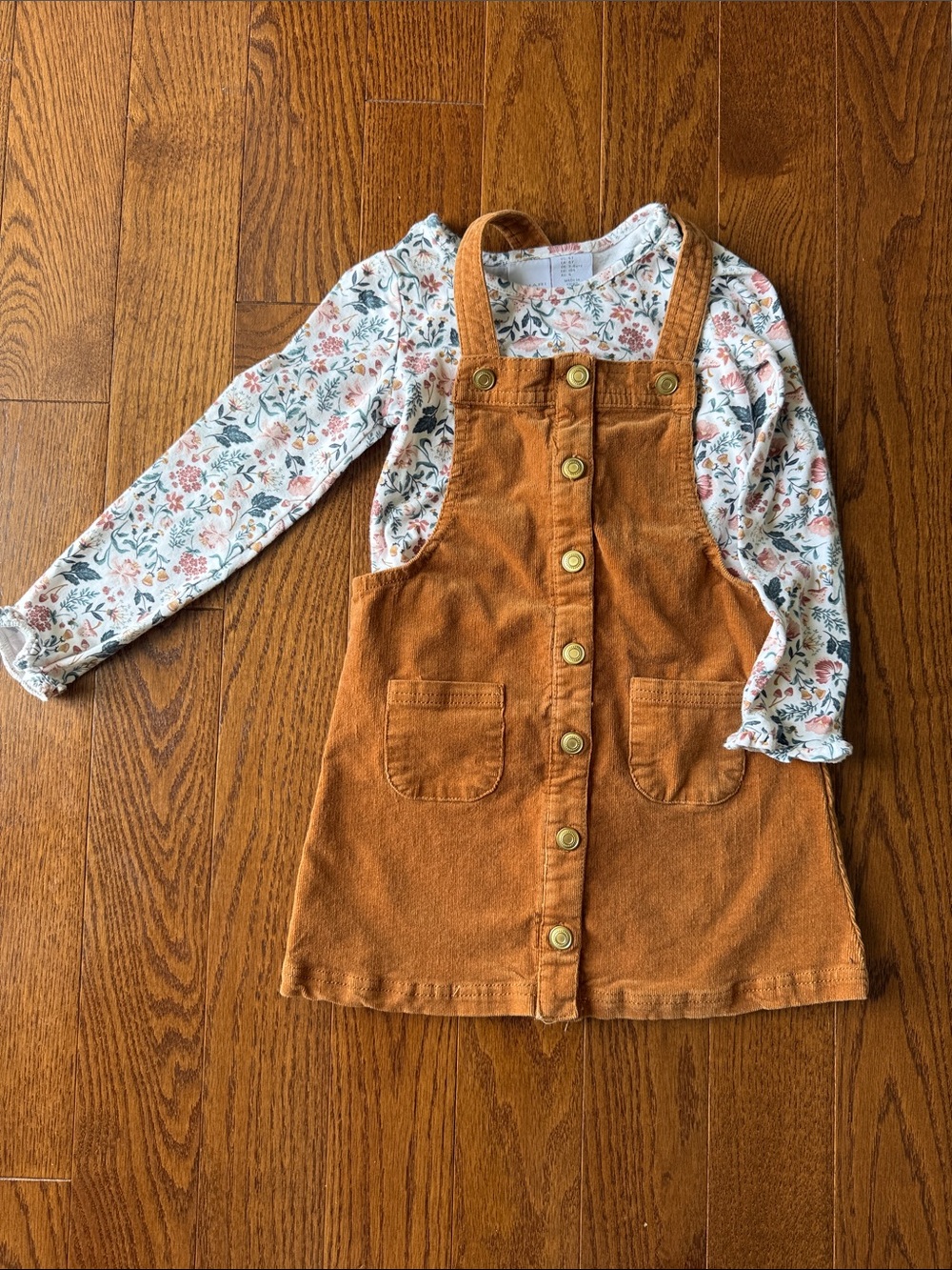 Tahari Brown Corduroy Button-Front Overall Pinafore Dress with Floral Top
